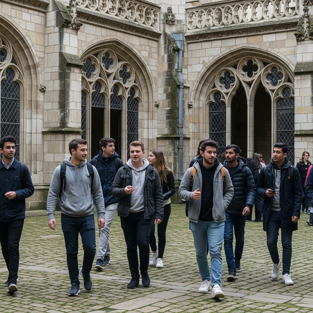 Tarihi bir Avrupa üniversitesi kampüsünde yürüyen, sohbet eden gerçekçi öğrenciler