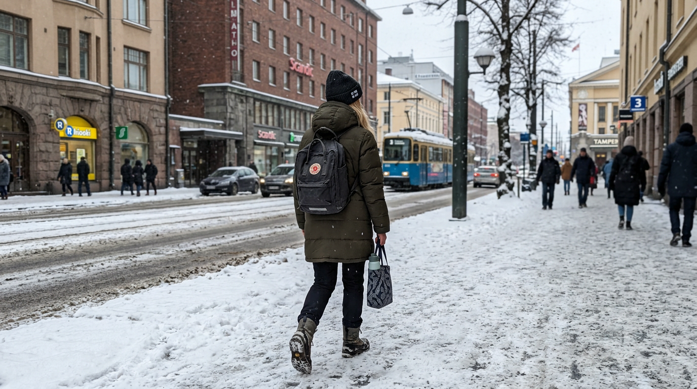 Tampere de karlı bir sokakta yürüyen sırt çantalı öğrenci