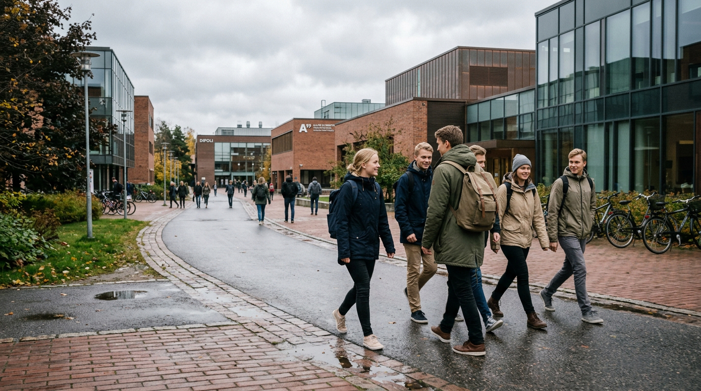Finlandiya üniversite kampüsünde yürüyen öğrenciler