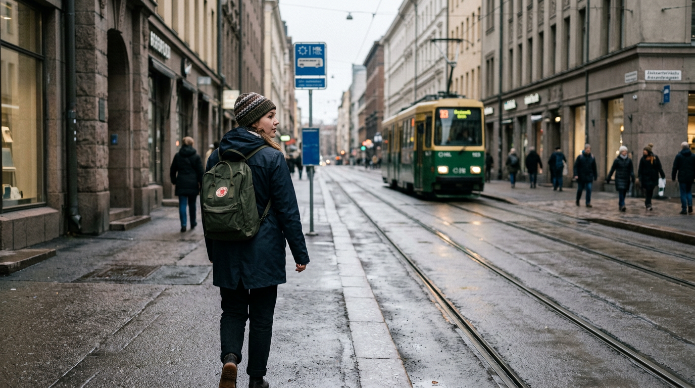 Helsinki sokaklarında sırt çantasıyla yürüyen bir genç, loş doğal gün ışığı