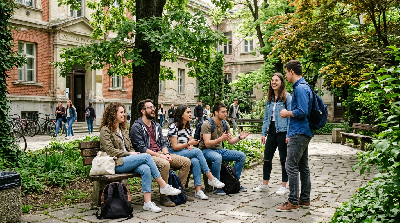 Novi Sad Üniversitesi kampüsünde sohbet eden öğrencilerin amatör çekimi
