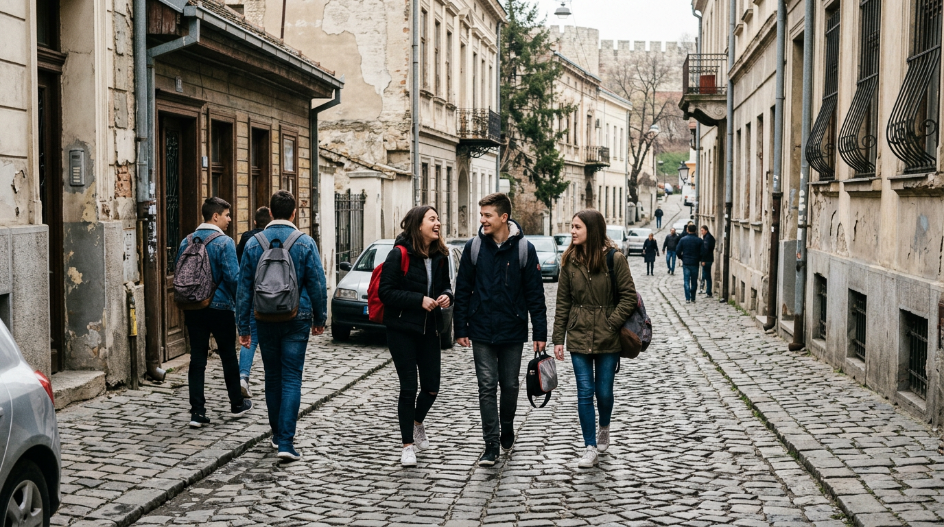 Belgrad sokaklarında yürüyen tıp öğrencileri