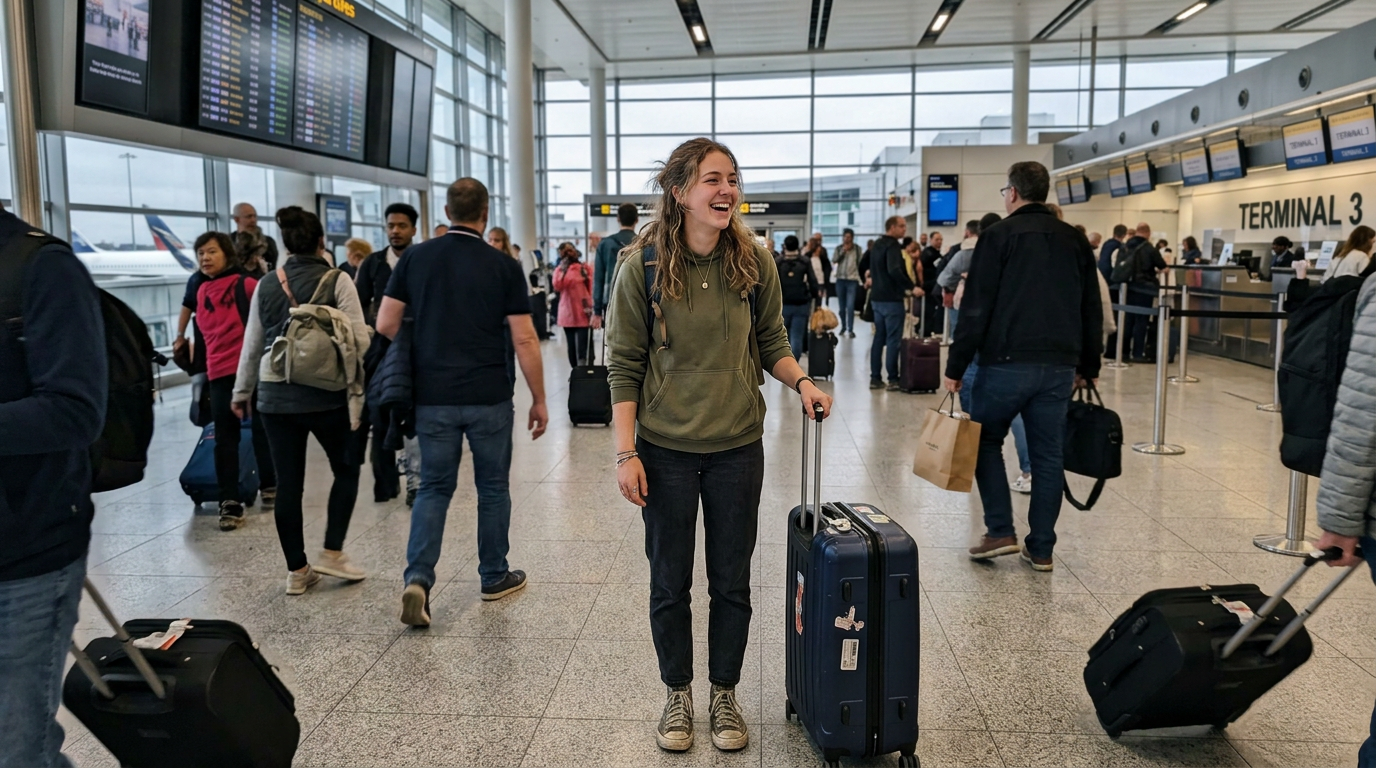Belgrad havalimanında bavuluyla bekleyen mutlu öğrenci