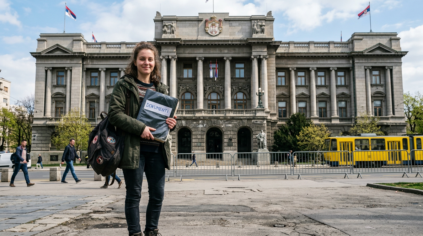 Belgrad MUP binası önünde elinde evrak dosyası tutan bir genç