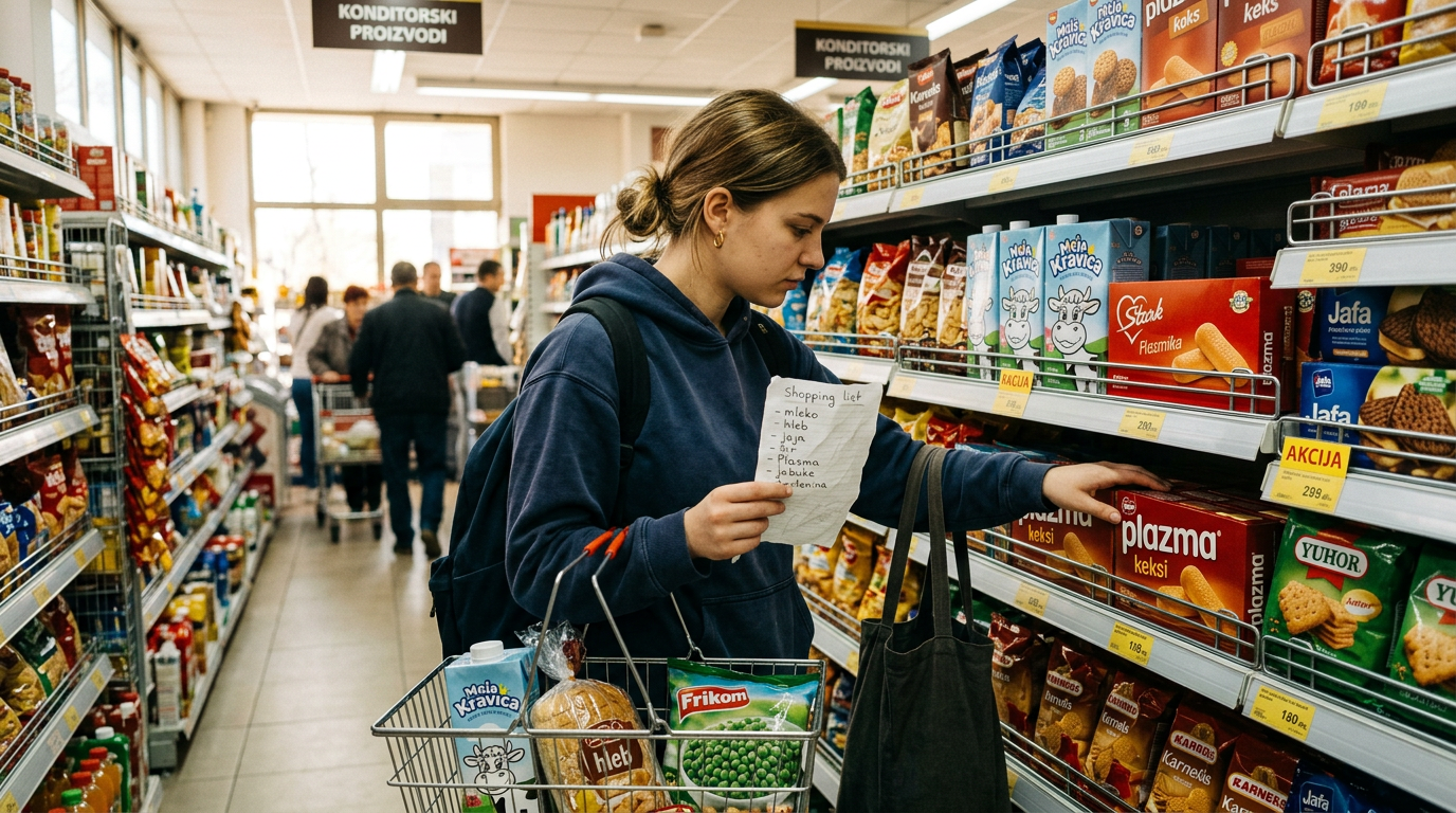 Süpermarkette elinde alışveriş listesiyle ürün seçen bir öğrenci