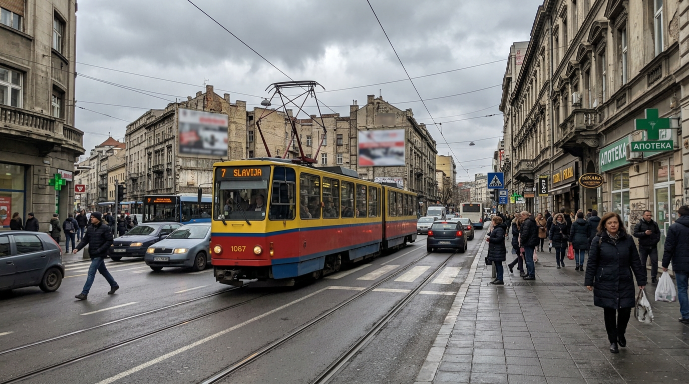 Belgrad sokaklarında hareket halinde olan kırmızı bir tramvay ve yürüyen gençler