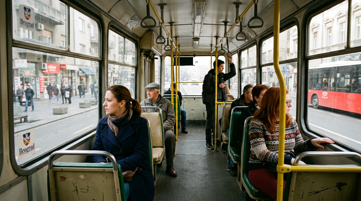 Belgrad tramvayından dışarıyı izleyen yolcular